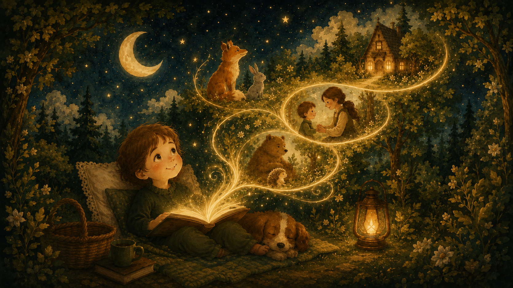 Story Weaver illustrated cover showing a warm forest scene for creating a story for a child.