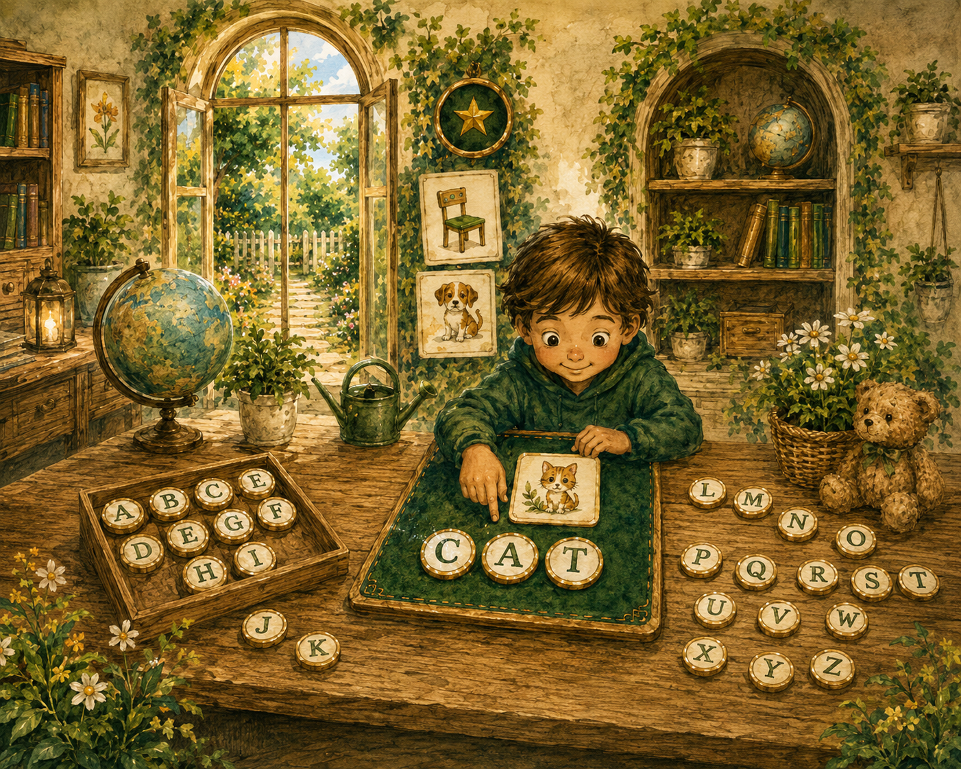 A to Z Word Builder illustrated cover with alphabet cards.