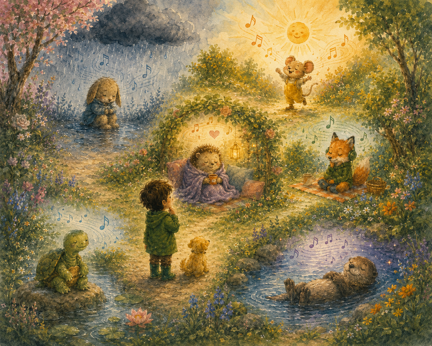 Feelings Weather Music Garden illustrated cover with mood and weather symbols.