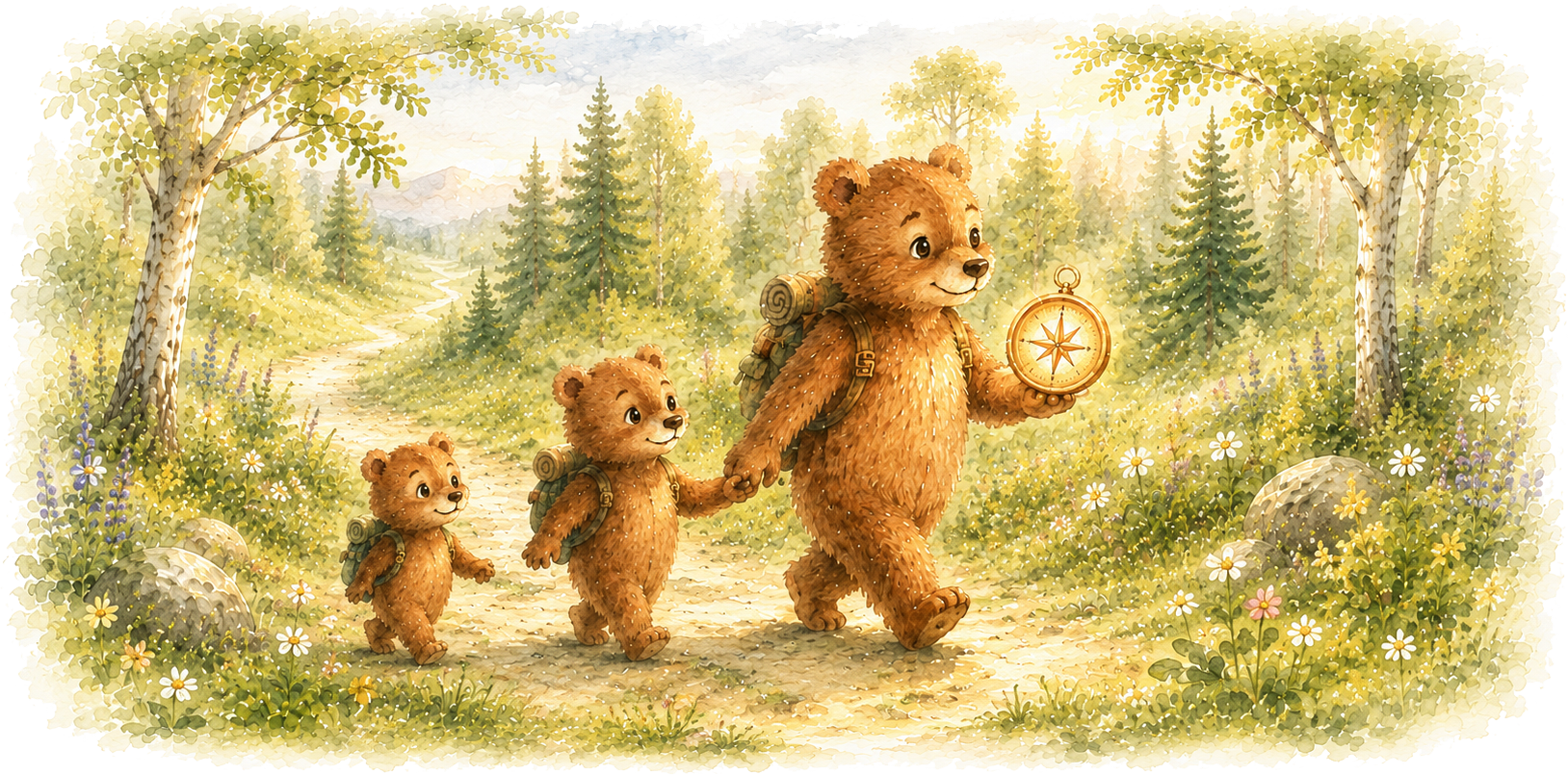 Three warm storybook bears walking through a glowing forest with a compass.