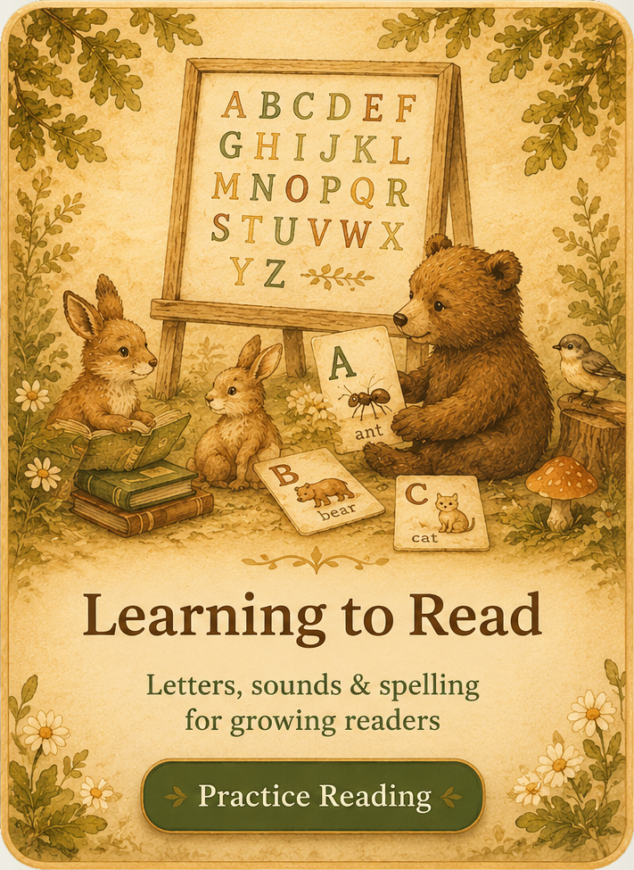 Learning to Read card with woodland animals and alphabet letters