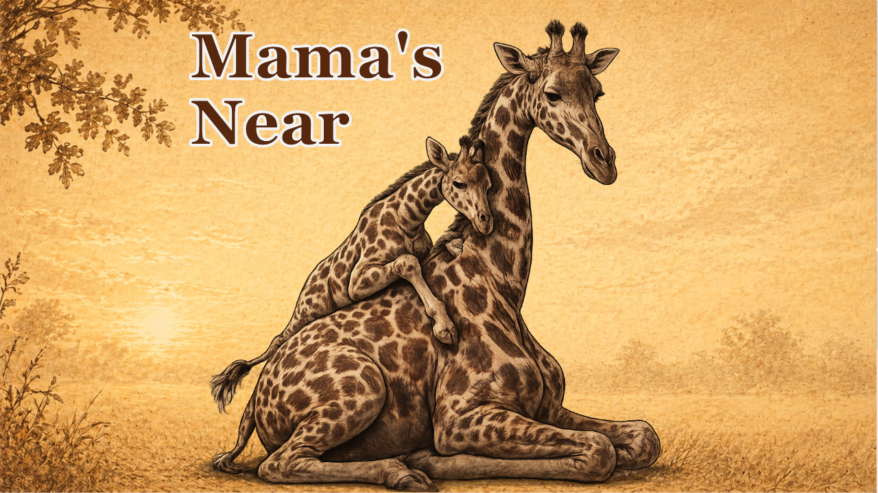 Thumbnail for Mama’s Near showing a mother giraffe sitting protectively with her baby giraffe leaning against her, with the title Mama’s Near.