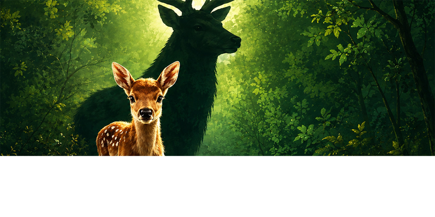 The Deer Call featured video thumbnail showing a young fawn standing before the shadow of a stag in a green forest.
