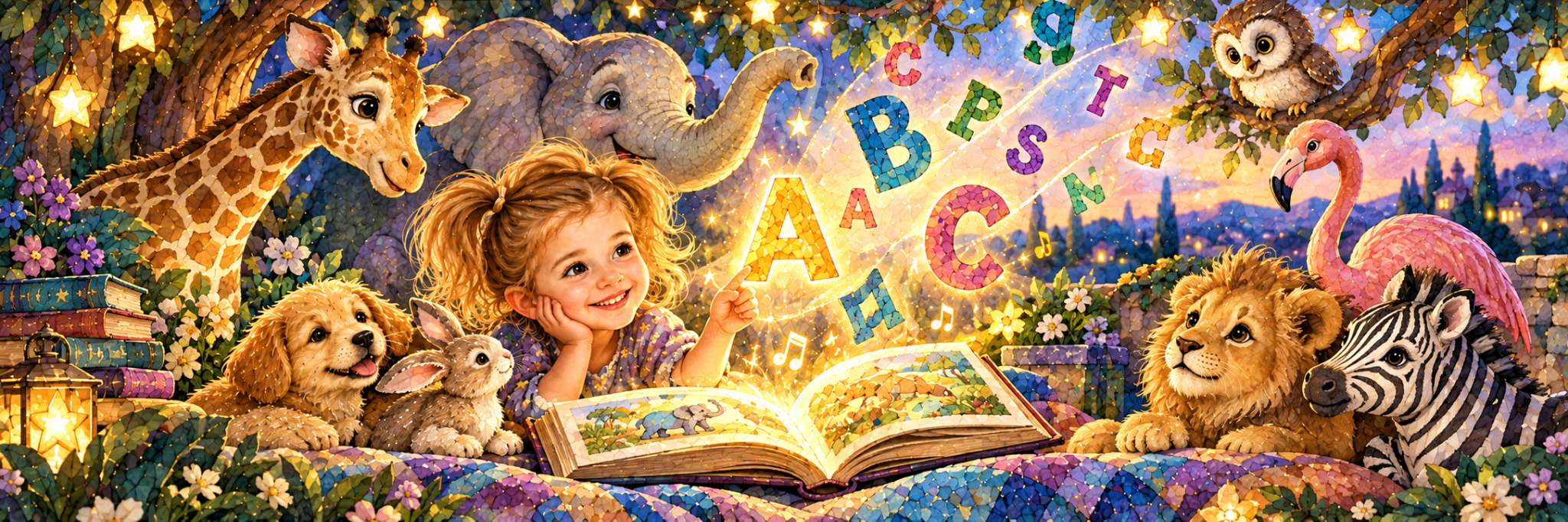 A child explores a magical alphabet garden with an open animal book, glowing letters, and friendly animals.