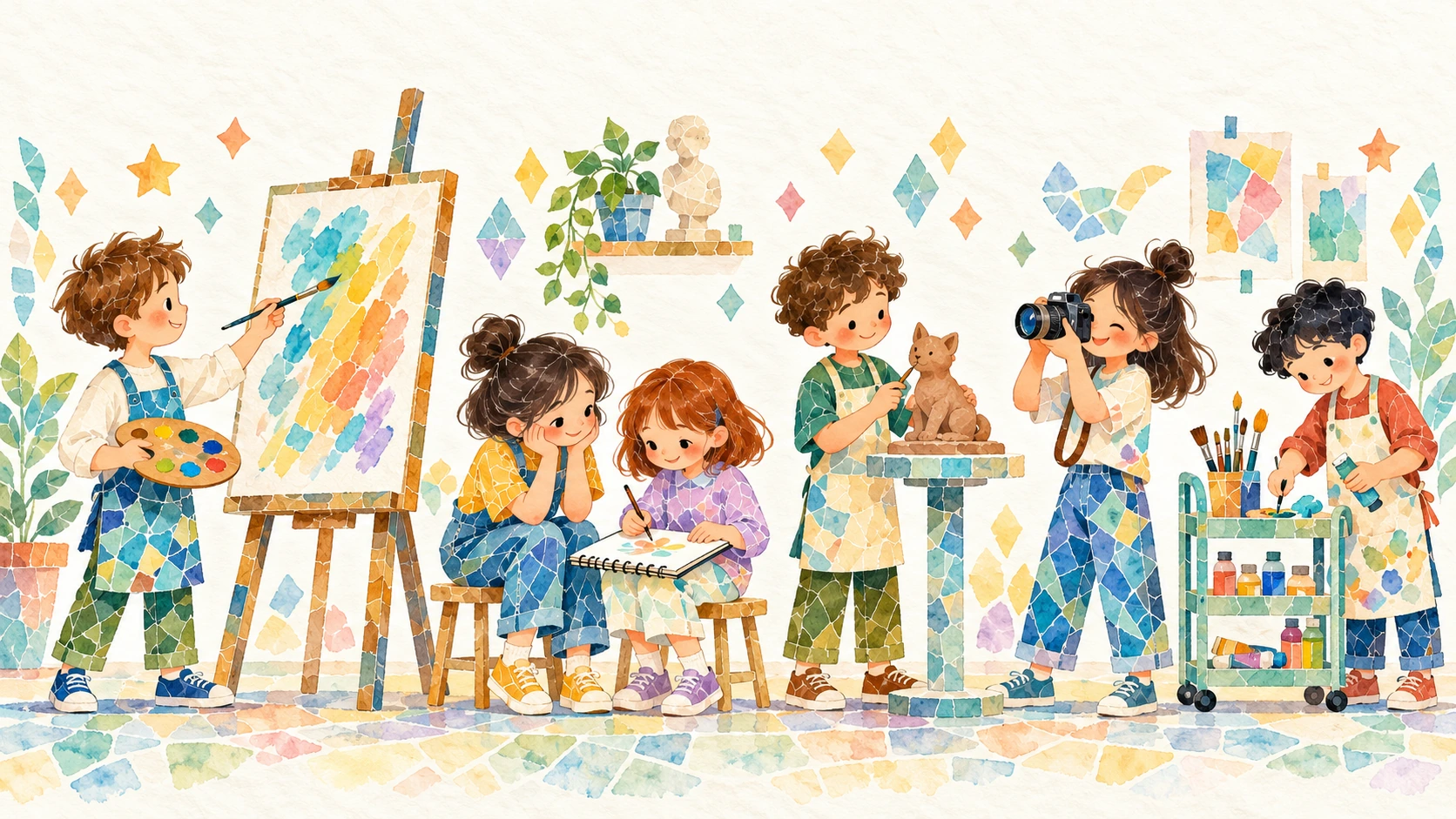 Children painting, sketching, sculpting a cat, photographing art, and exploring colorful art materials in a watercolor studio