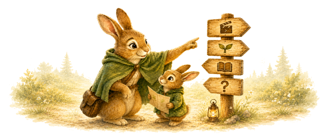A guide rabbit in a green cloak points the way at a forest signpost while a young bunny holds a map beside a glowing lantern.