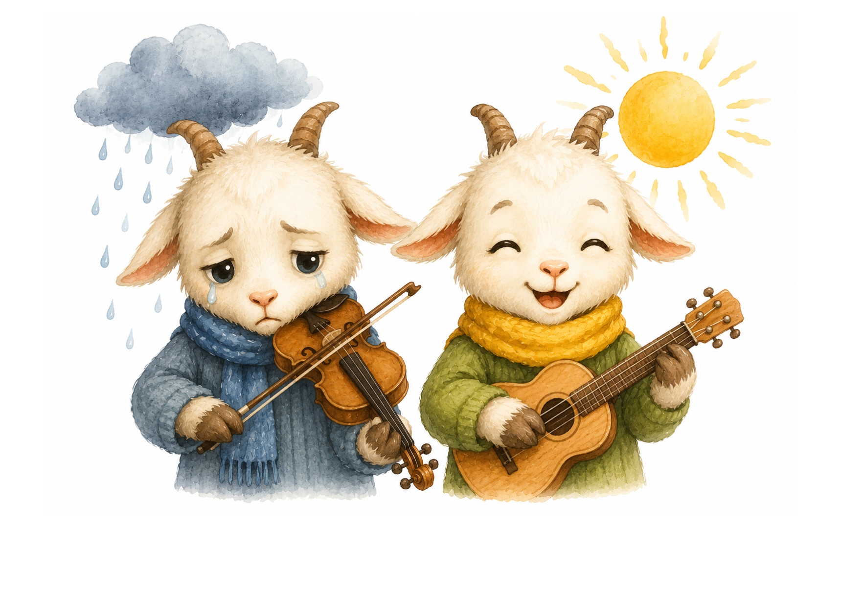 Two little goats playing violin and guitar under a rain cloud and a bright sun.