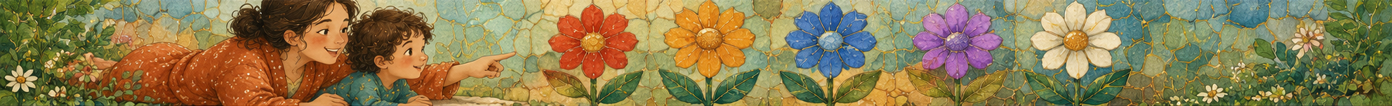 A mother and child discovering red, orange, blue, purple, and white flowers in a mosaic garden.
