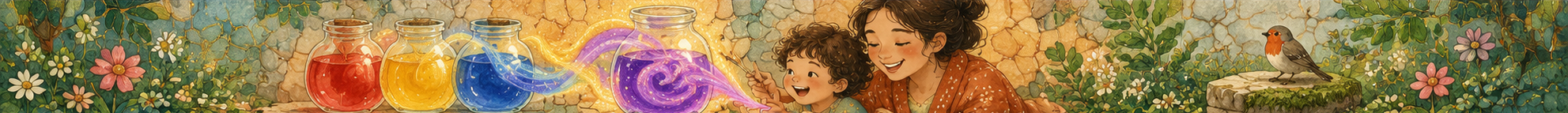 A child and mother mixing red, yellow, and blue paints into purple in a mosaic garden.