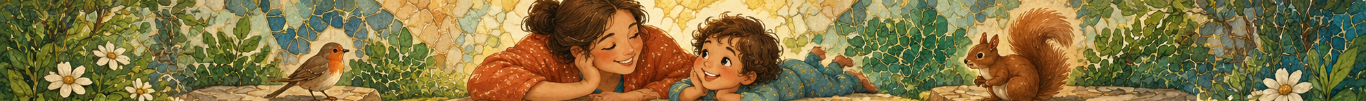 A mother and child explore a flower-filled garden with birds and a squirrel nearby.