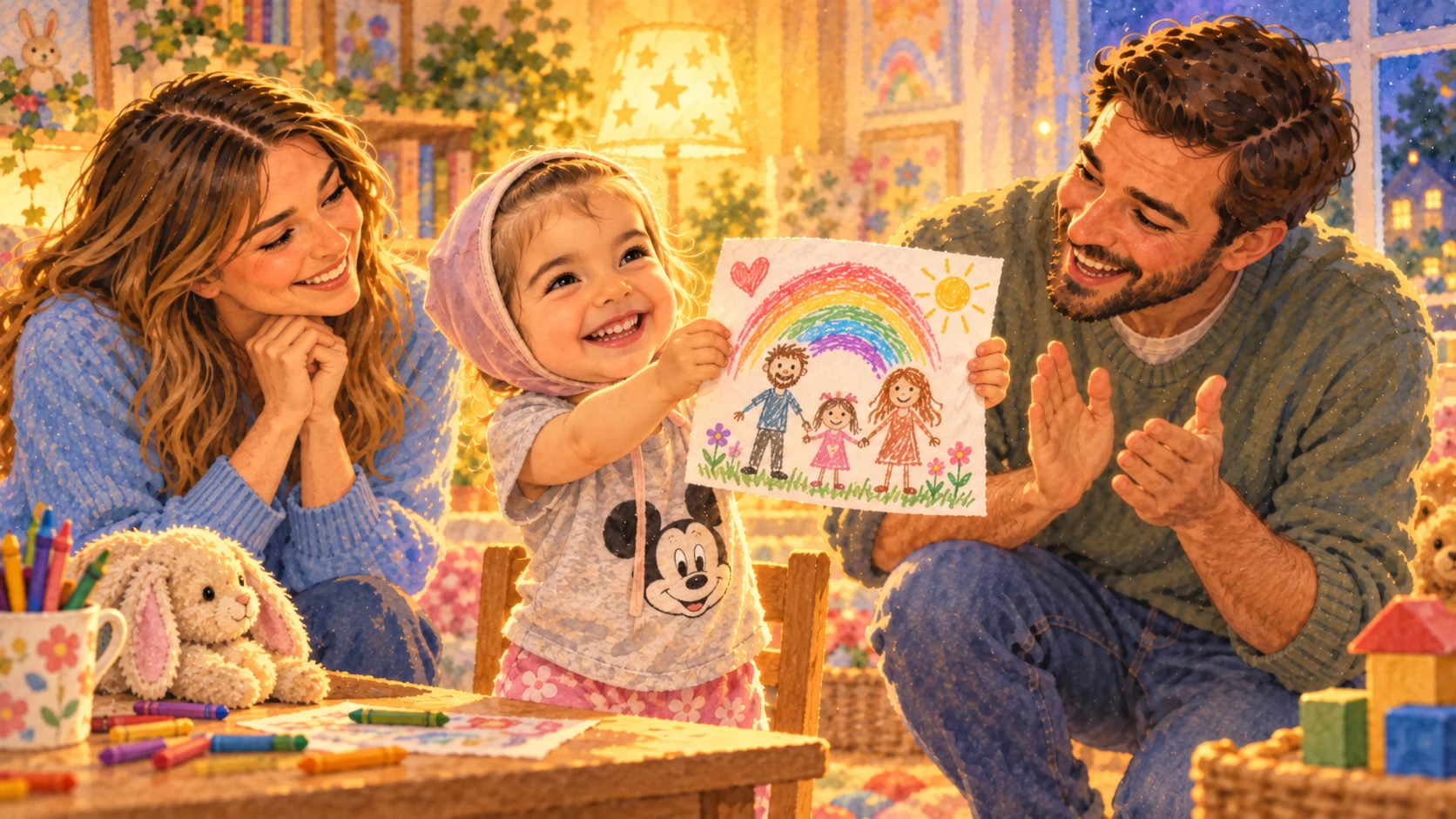 A child proudly shows a rainbow drawing while two grown-ups smile and celebrate her artwork.