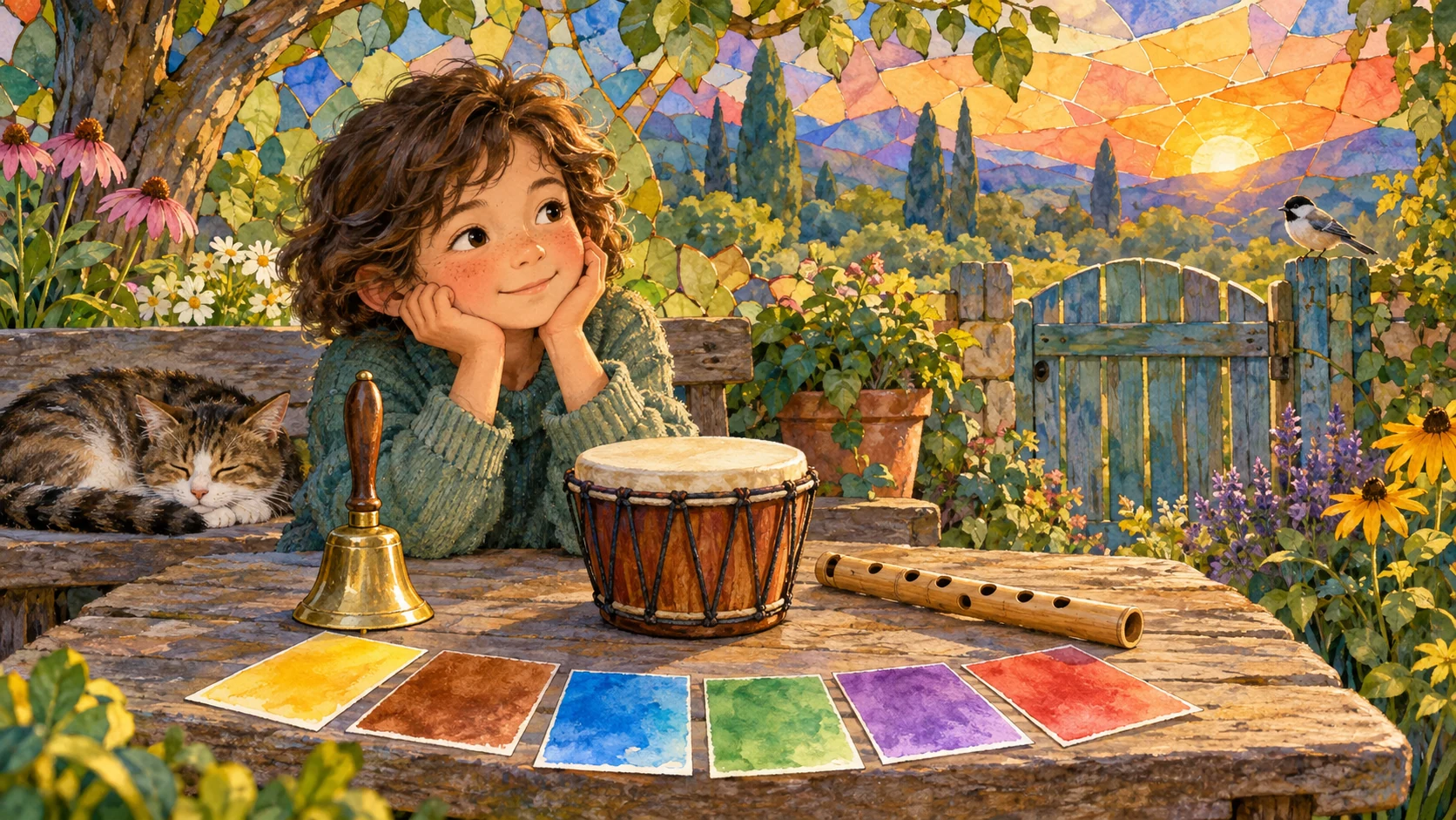 A child compares colored cards beside a bell, drum, and flute in a mosaic garden.