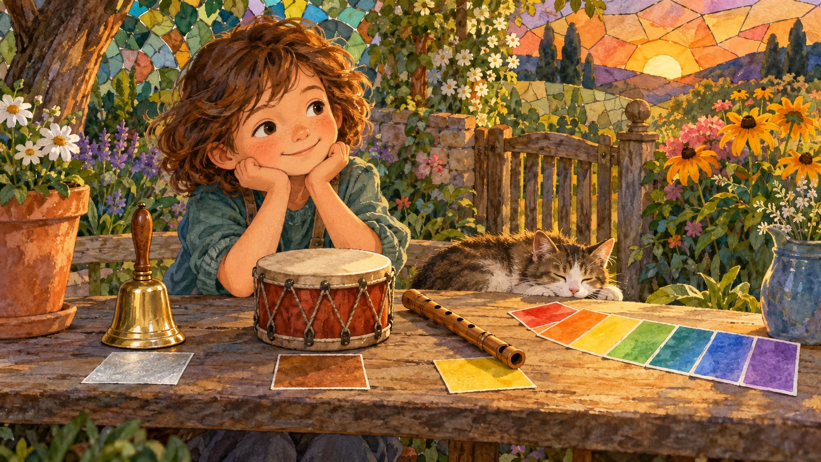 A child sits at a garden table beside a bell, drum, flute, and a row of colored cards.
