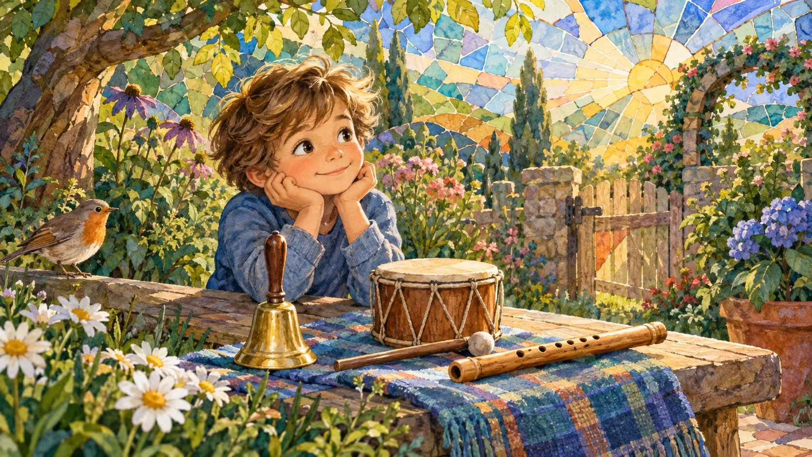 A child listens in a colorful garden beside a bell, drum, and flute while a small bird perches nearby.