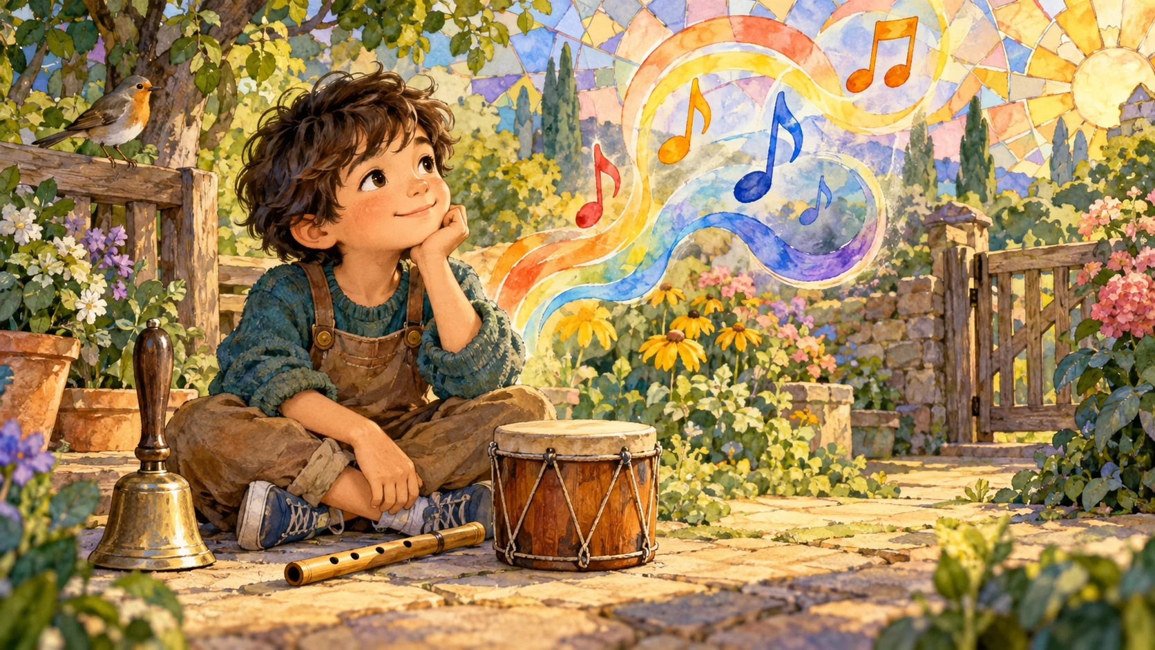 A child sits in a bright mosaic garden beside a bell, drum, and flute while a flowing rainbow ribbon with musical notes curls through the air.
