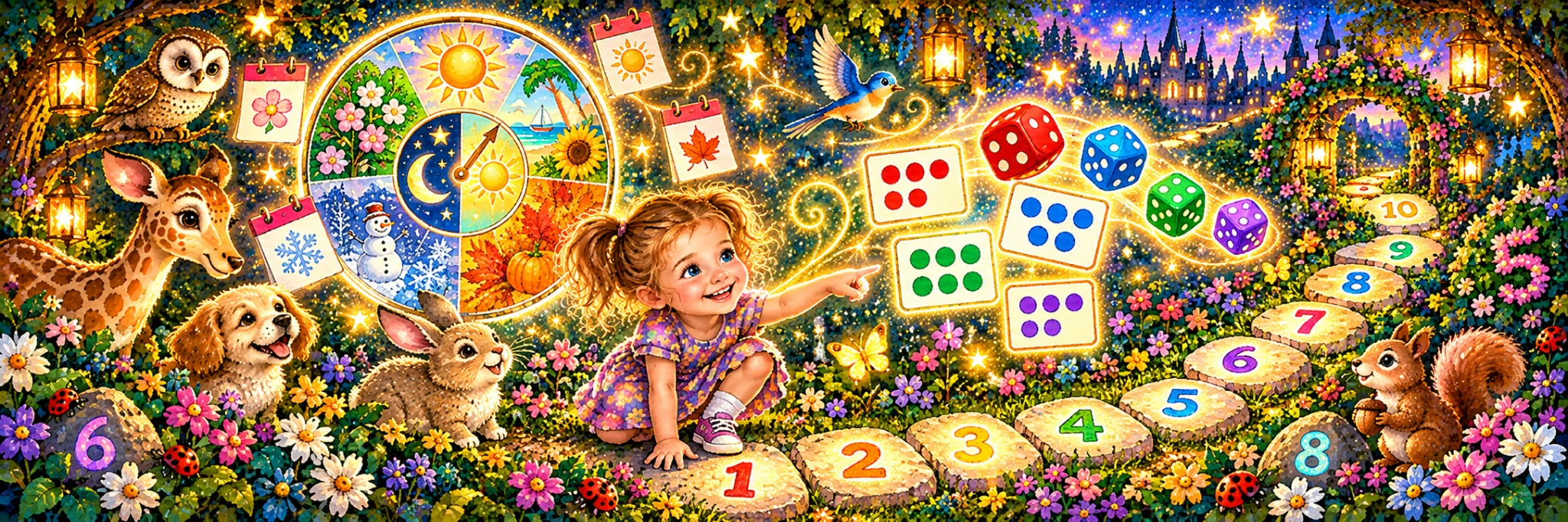 A child explores counting in a magical garden with numbers, animals, flowers, stars, shapes, and an open counting book.