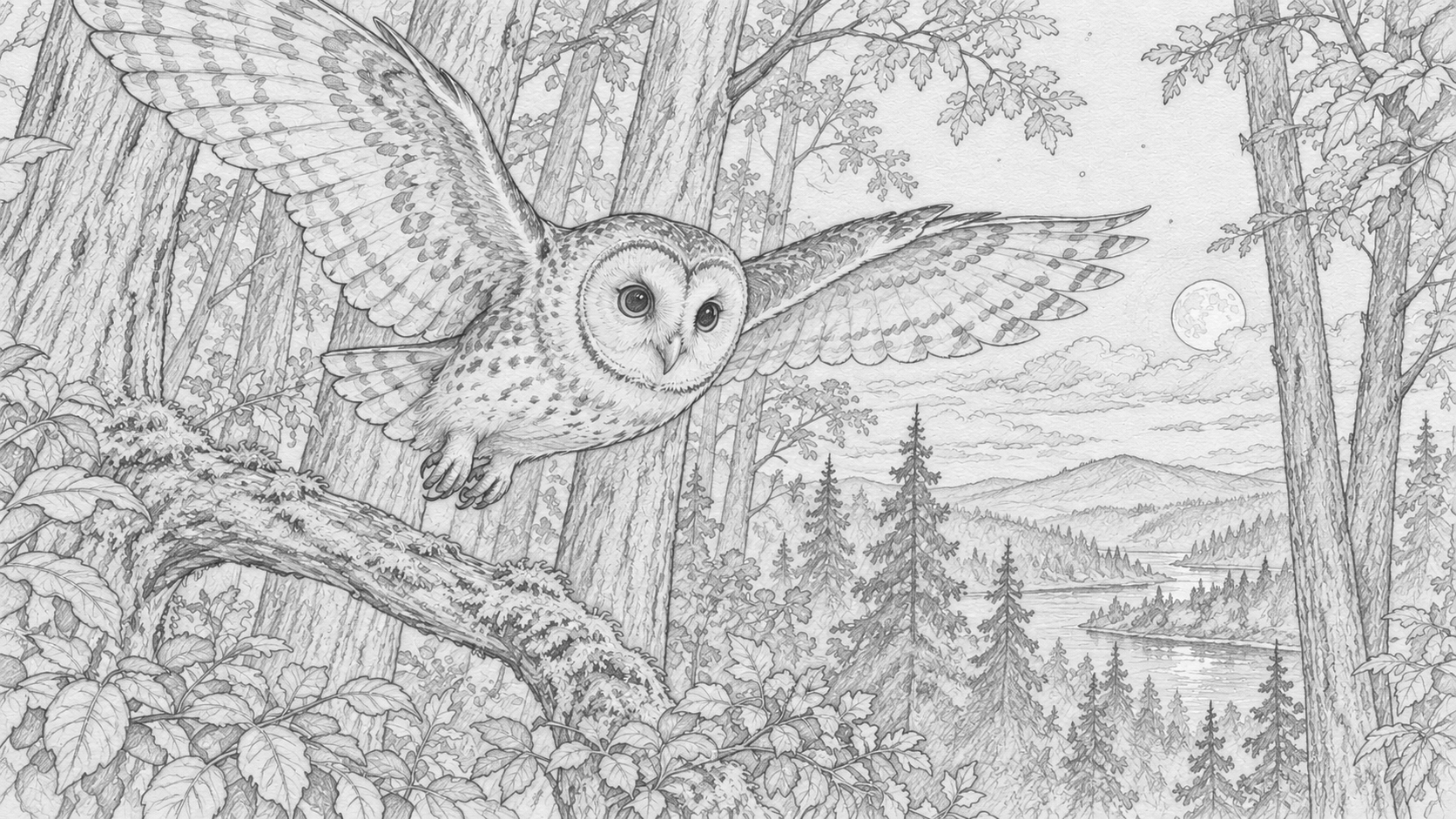 A pencil sketch of an owl gathering woodland animals in the forest.