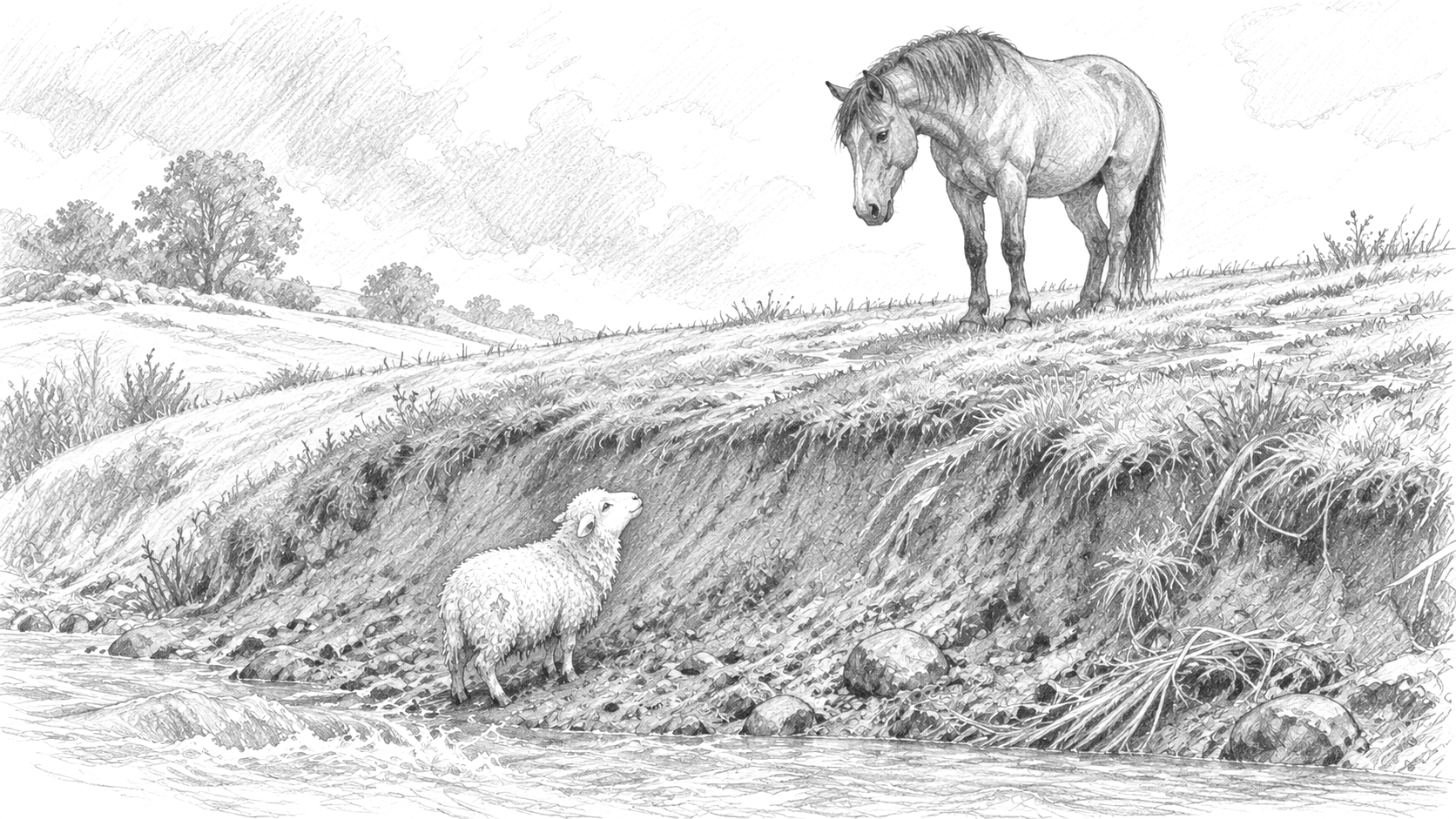 A pencil sketch of a chestnut horse and a small white sheep by the creek.
