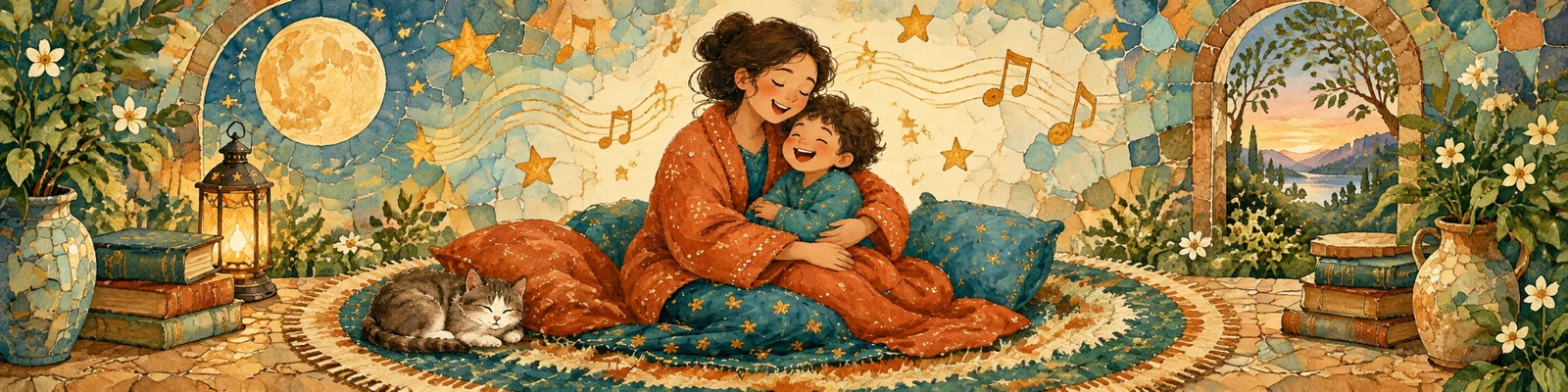 A mother and child cuddling under moonlight, with stars and music around them.