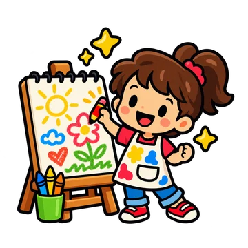 A smiling child artist drawing flowers, sunshine, and hearts on a sketchpad.