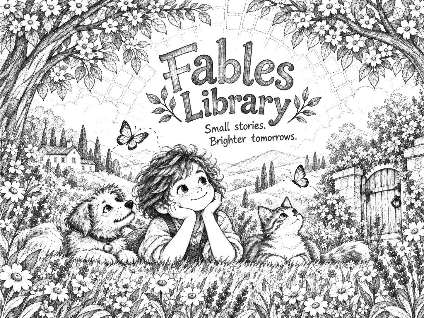 Fables Library pencil sketch with a child, dog, cat, flowers, butterflies, and a garden gate.