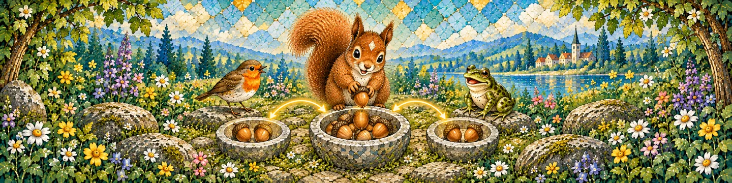 Oakley splitting a whole group of acorns into two smaller parts.