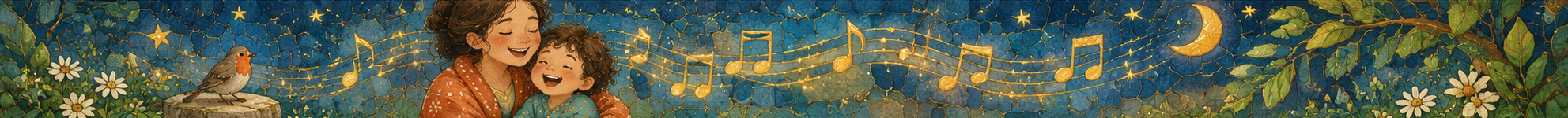 A calm Fables Library banner with a caregiver and child surrounded by musical notes and garden animals.