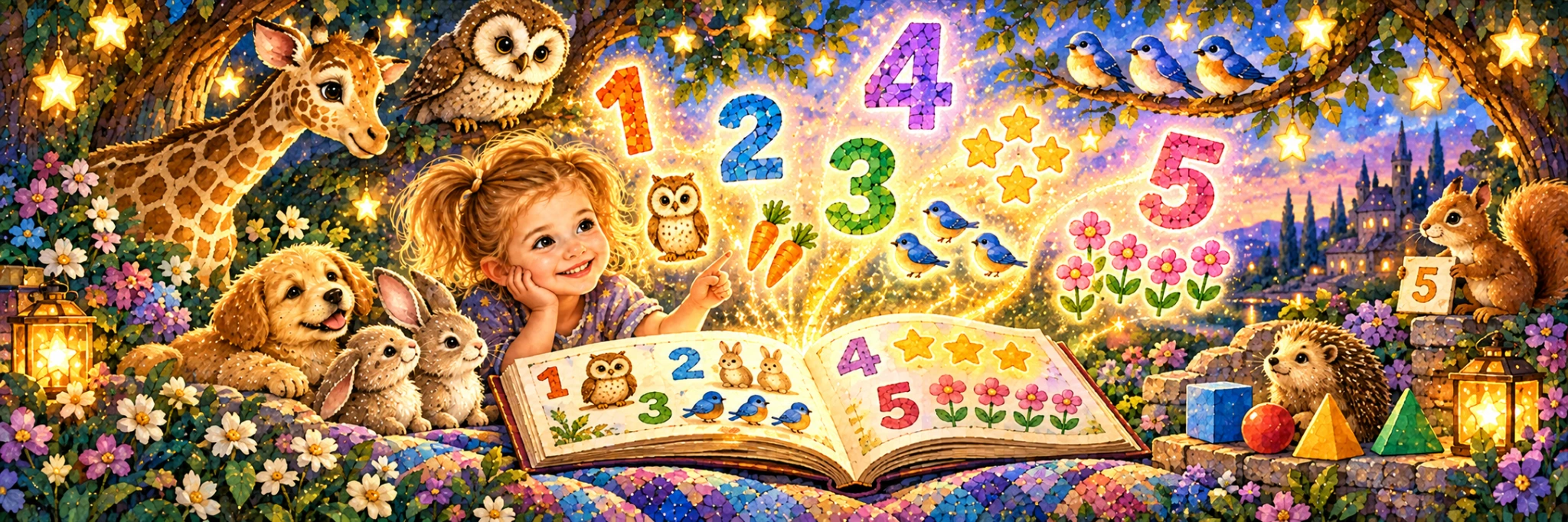 A whimsical number garden with a child exploring counting, dots, dice, seasons, and a numbered path.