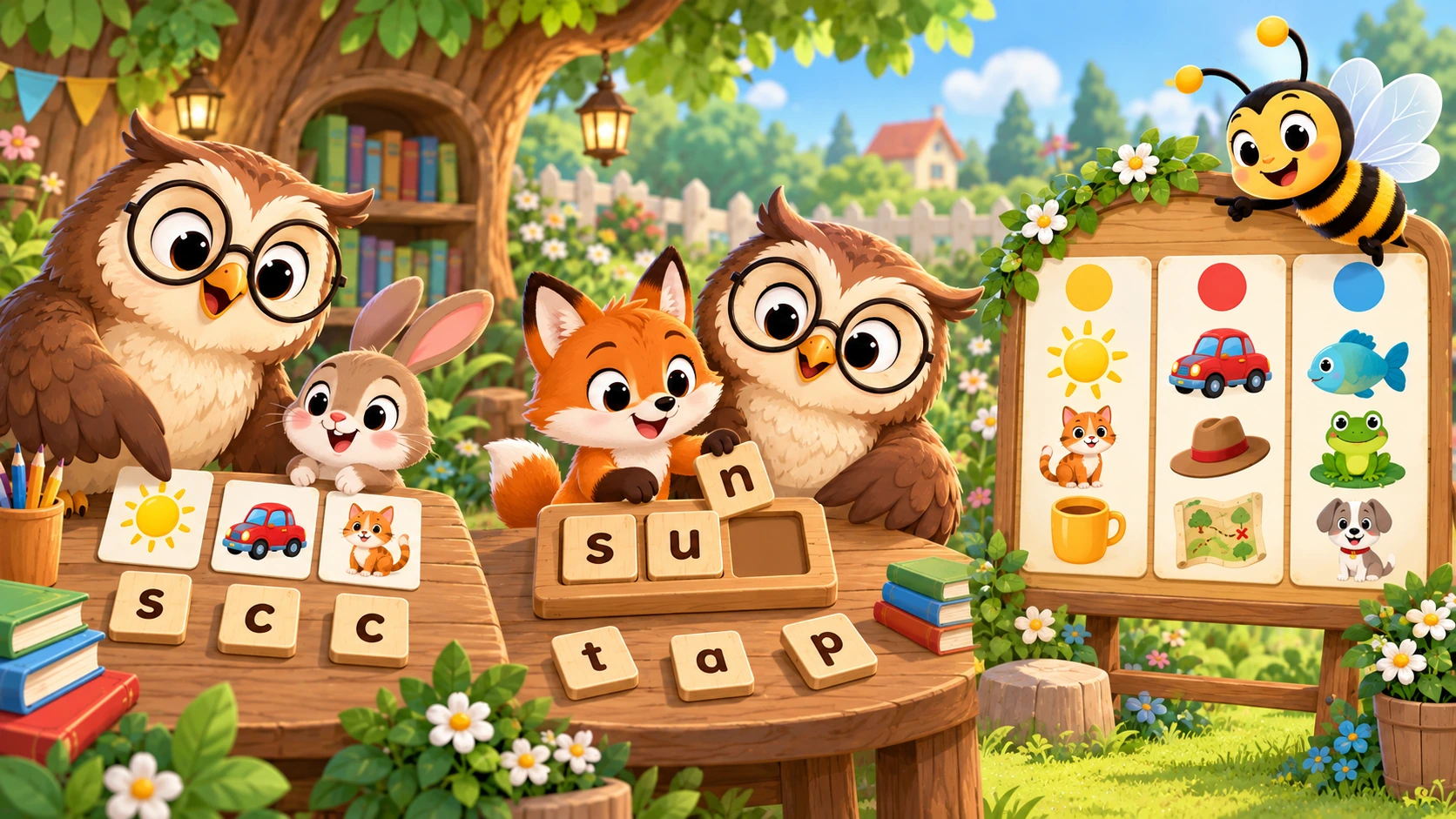 A cheerful garden classroom where animal friends practice sound-picture matching, build a short word with letter tiles, and explore picture-based phonics guides.