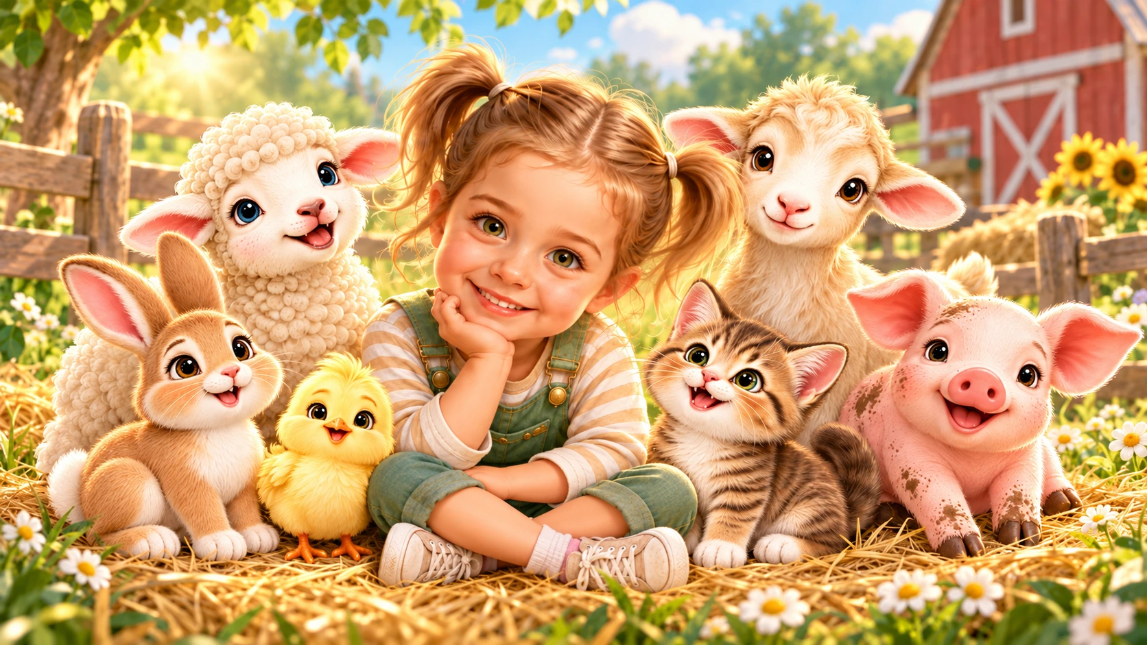 Mila with six baby farm animals: a lamb, goat, piglet, bunny, kitten, and chick.