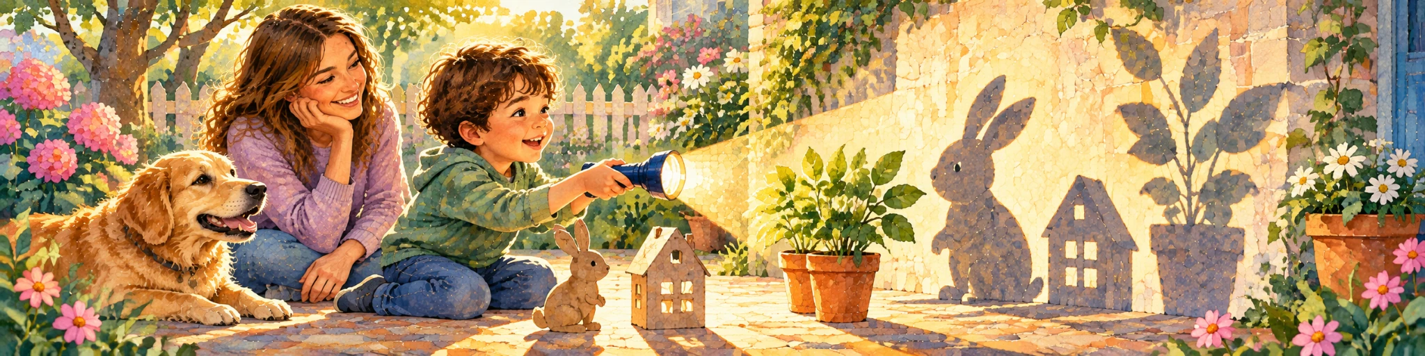 A child shines a flashlight to make a rabbit, house and flowerpot shadows while a parent and dog watch.