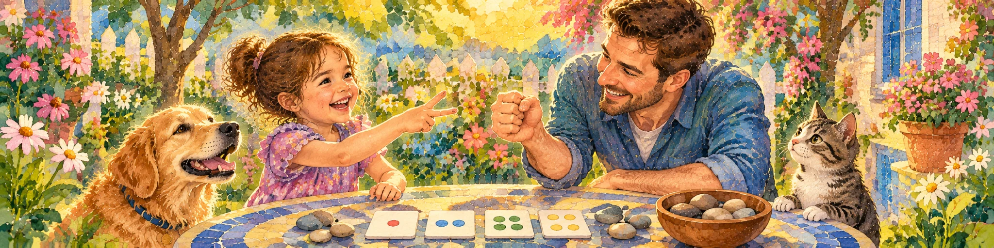 A child and grown-up compare dot cards and pebbles together at a garden table.