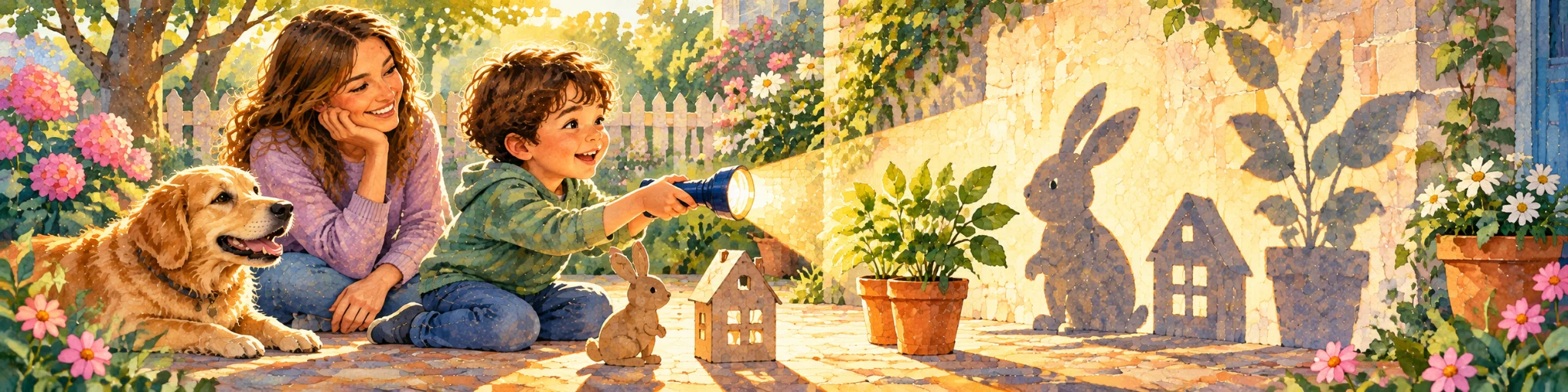 A child points a flashlight toward a wall, revealing silhouettes of a rabbit, a small house, and a plant, with a grown-up nearby.