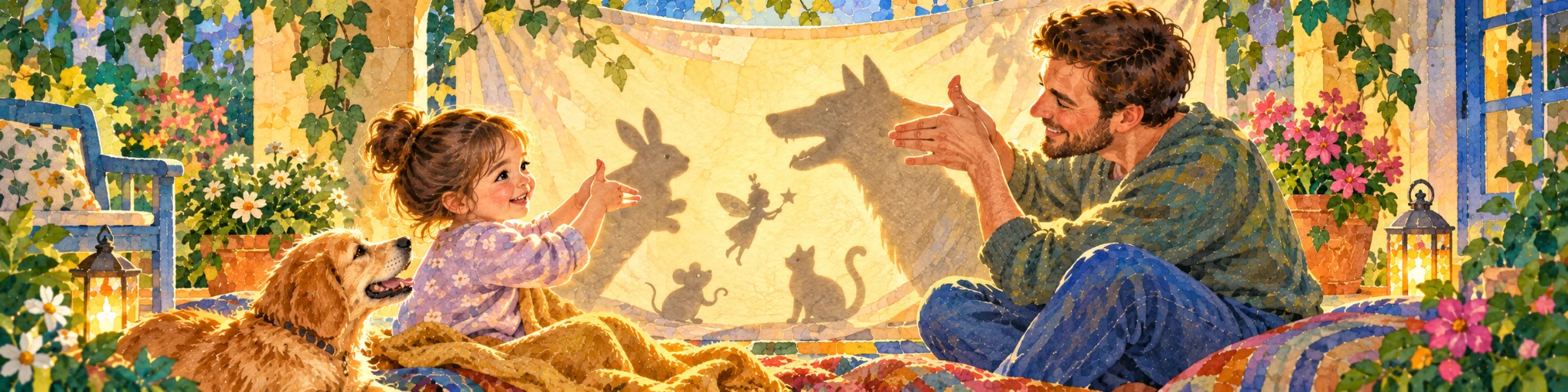 A child and grown-up use their hands to make animal shadows on an illuminated cloth.