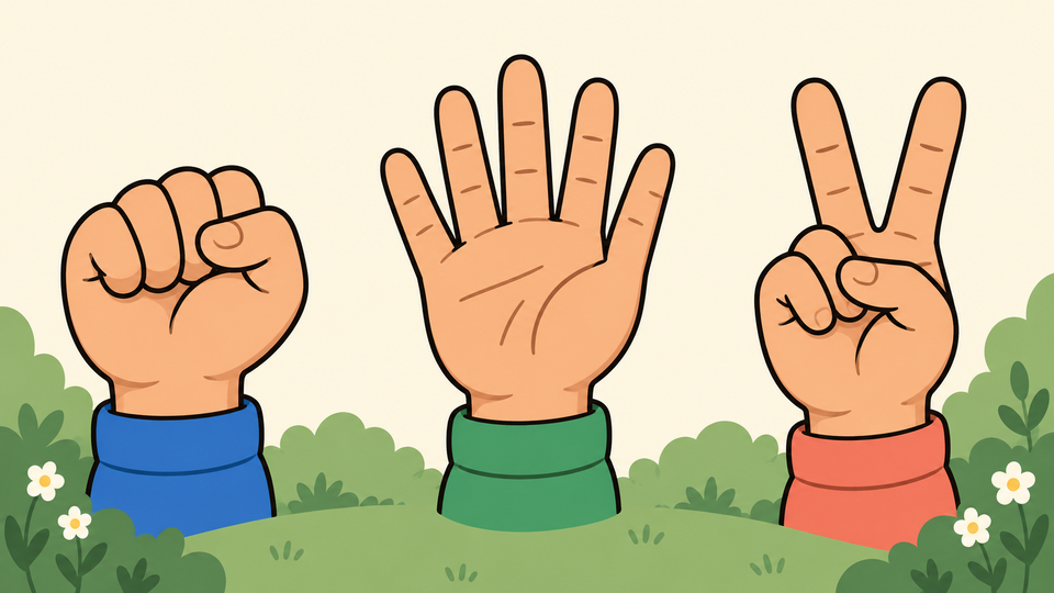 Three hand signs: a fist for Rock, an open hand for Paper, and two fingers for Scissors.
