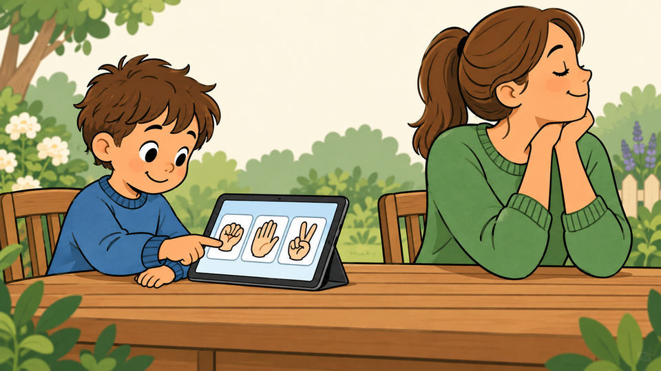 A child chooses one of the Rock, Paper, or Scissors hand signs.