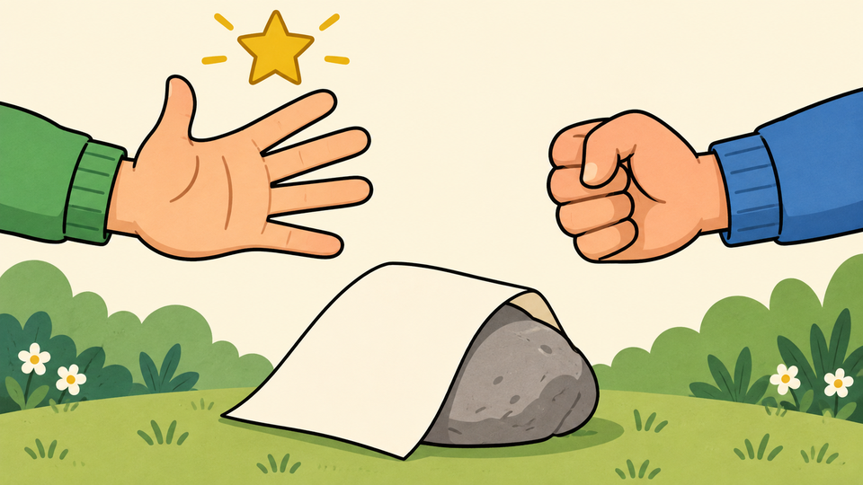 An open Paper hand beats a Rock fist, illustrated by paper covering a stone.