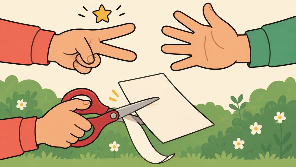 A Scissors hand beats Paper, illustrated by scissors cutting a sheet of paper.