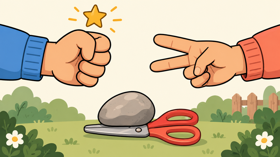 A Rock fist beats a Scissors hand, illustrated by a stone resting on scissors.