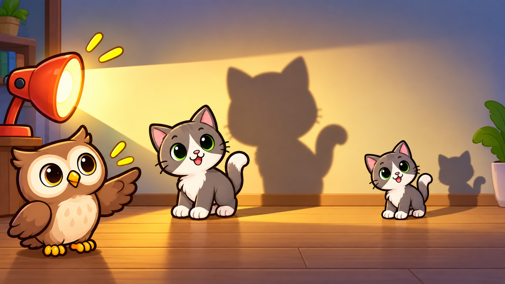 A lamp shines toward two positions of the same cat. The cat closer to the light casts a large shadow, while the cat farther away casts a smaller shadow.