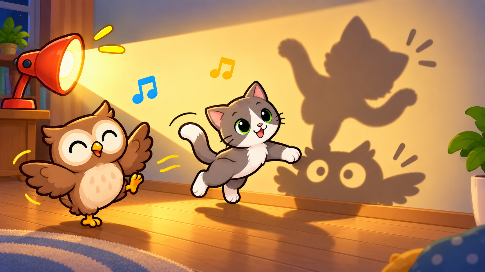 A kitten and owl play, dance, freeze, and compare their shadows in a warm lamp beam.
