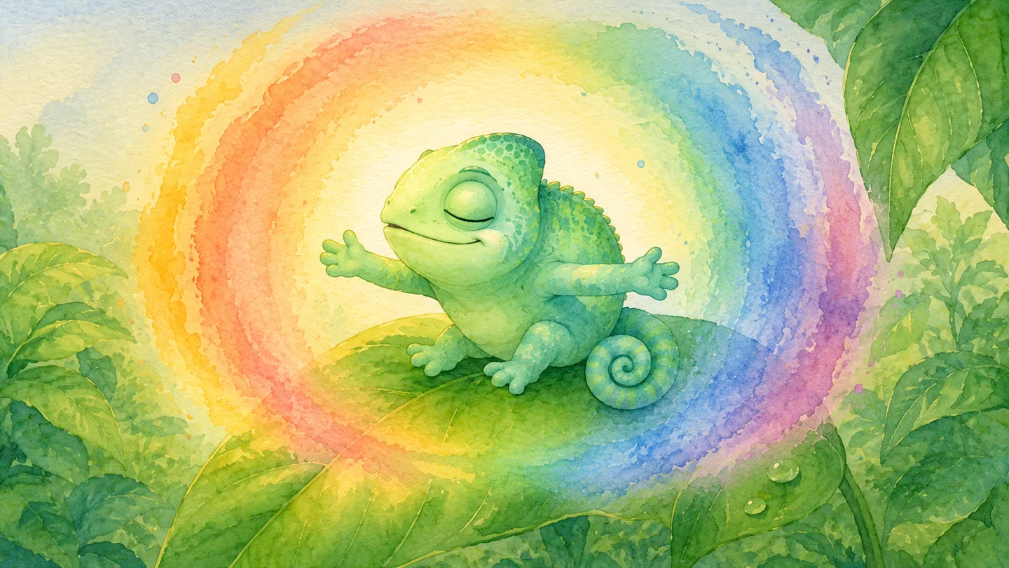 Watercolor illustration of Cami the green chameleon resting on a leaf inside a rainbow of color.