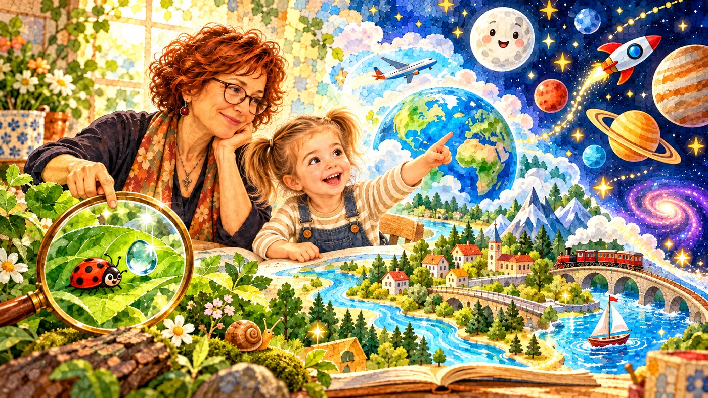 A woman and little girl explore a ladybug under a magnifying glass, a town, Earth and the stars.